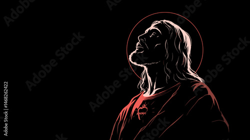 Jesus with sacred heart silhouette, glowing details, simple silhouette black vector,  -  