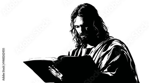 Jesus with open Bible silhouette, wisdom theme, simple silhouette black vector,  -  