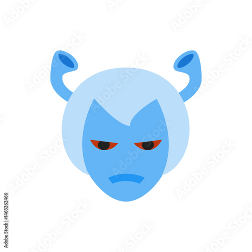 Illustration of a blue alien face with horns, red eyes, and a sad expression on a white background