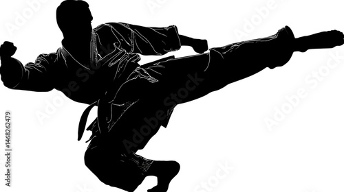 Karate fighter kicking silhouette vector isolated on white background  -  