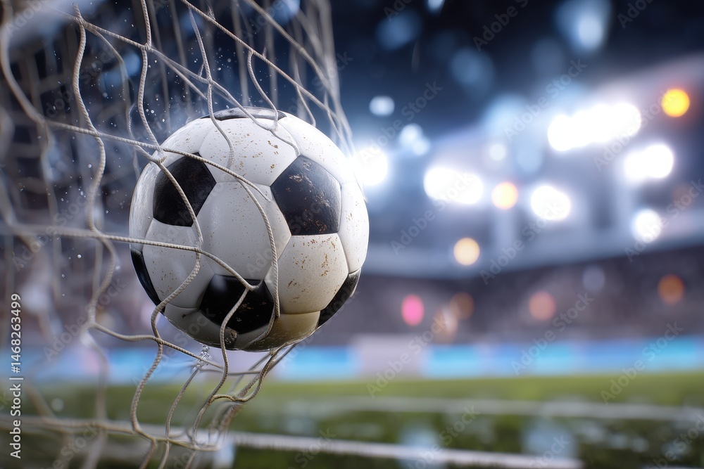 Naklejka premium Soccer ball scoring a goal under stadium lights.