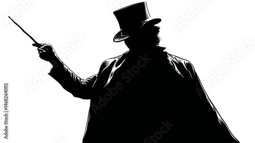 Magician with hat and wand silhouette vector isolated on white background  -  