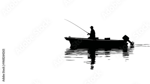 Man fishing in boat silhouette vector isolated on white background  -  