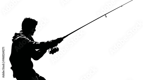 Man fishing with rod silhouette vector isolated on white background  -  