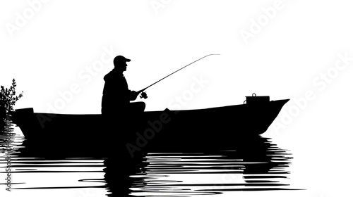 Man fishing in boat silhouette vector isolated on white background  -  