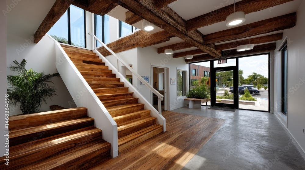 Modern interior lobby with wooden staircase and large glass windows in contemporary building design Modern interior lobby with wooden staircase and large glass windows in contemporary building design