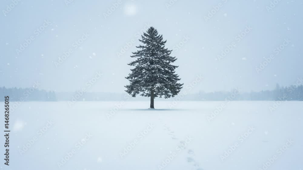 Lone pine tree standing in snow-covered landscape Lone pine tree standing in snow-covered landscape