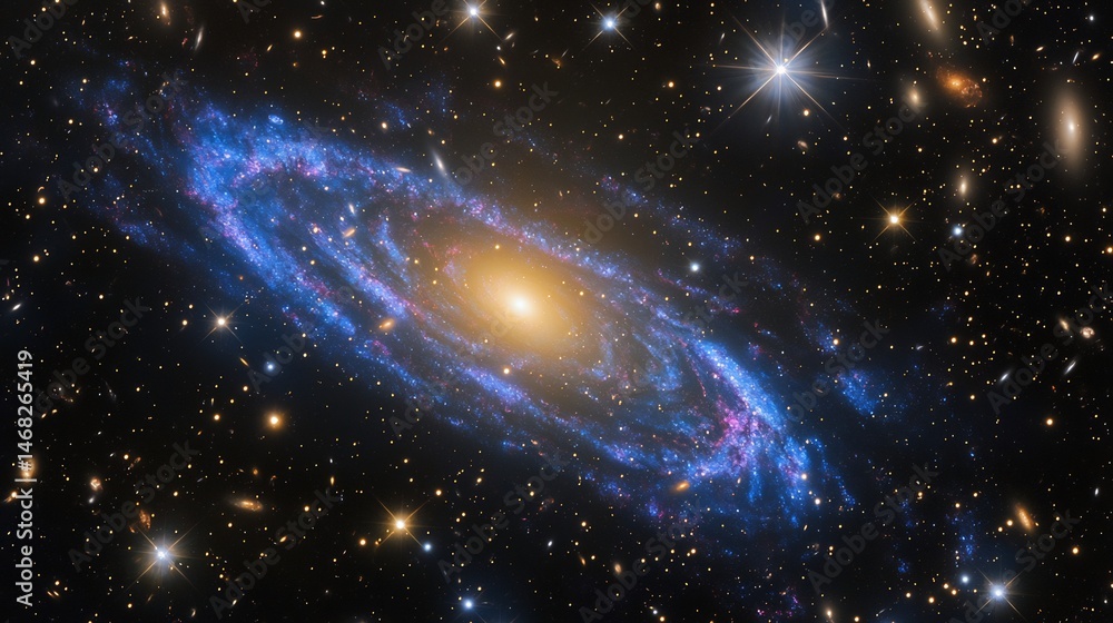 Fototapeta premium Swirling galaxy vibrant blue and purple clouds star systems spinning around a glowing core cinematic cosmic whirlpool
