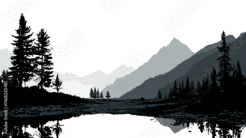 Mountain lake landscape simple silhouette vector isolated on white background  -  