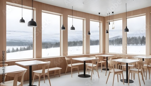 Modern Cafe Interior with Snowy Landscape View