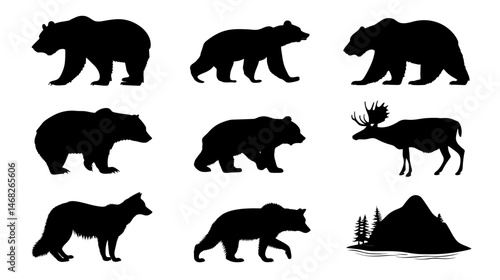 Northern mammals set simple black silhouette vector isolated on white background  -  