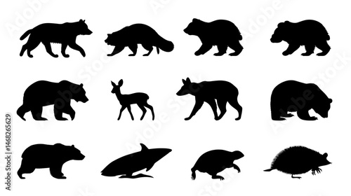 Northern mammals set simple black silhouette vector isolated on white background  -  
