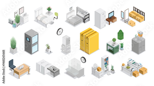 Office relocation isometric set simple vector on white background  -  
