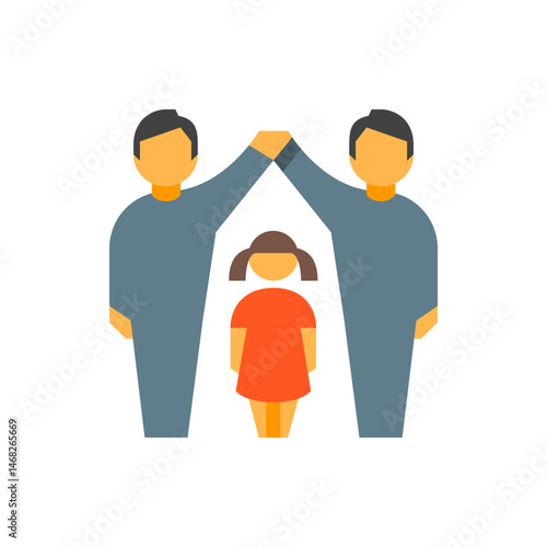 Illustration of two men forming a roof over a child, suggesting protection and family support and love and care