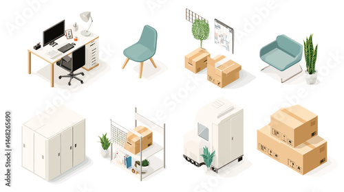 Office relocation isometric set simple vector on white background  -  