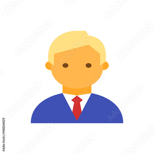 Illustration of a blond haired man in a blue suit with a red tie against a white background design style