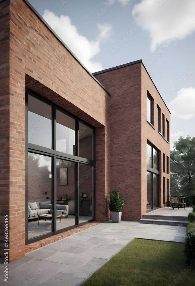 Modern Brick House Exterior with Patio and Garden Modern Brick House Exterior with Patio and Garden
