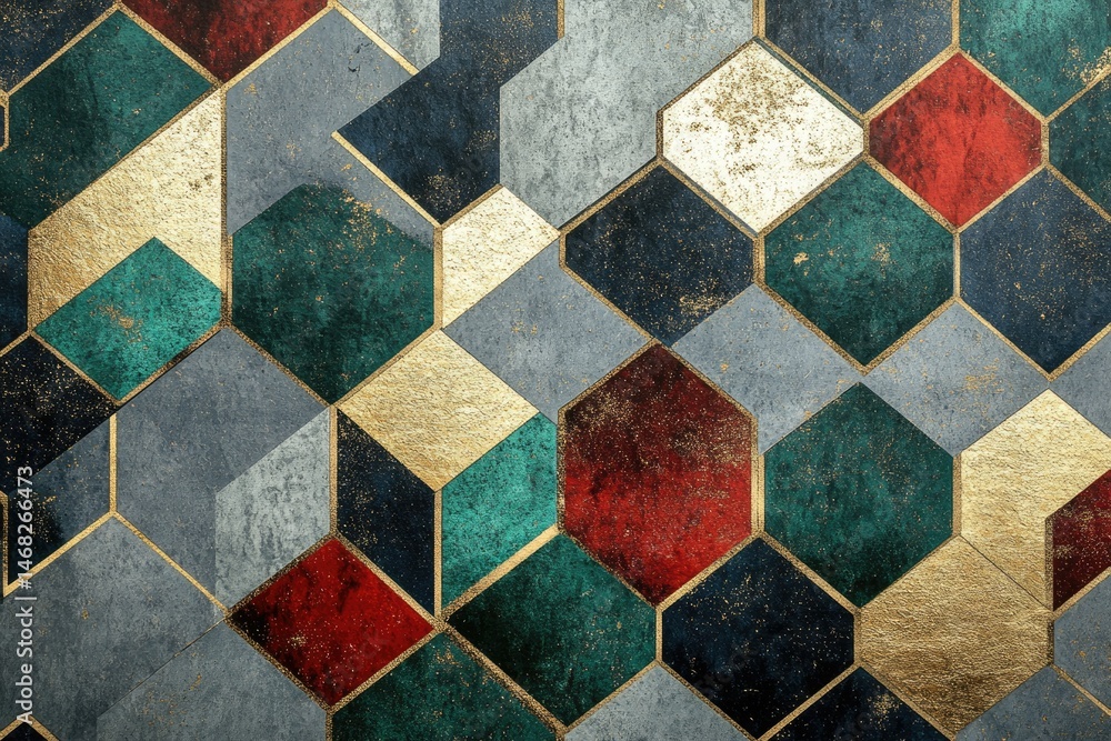 Abstract geometric pattern with hexagonal shapes in shades of red, green, gold, and gray. Abstract geometric pattern with hexagonal shapes in shades of red, green, gold, and gray.