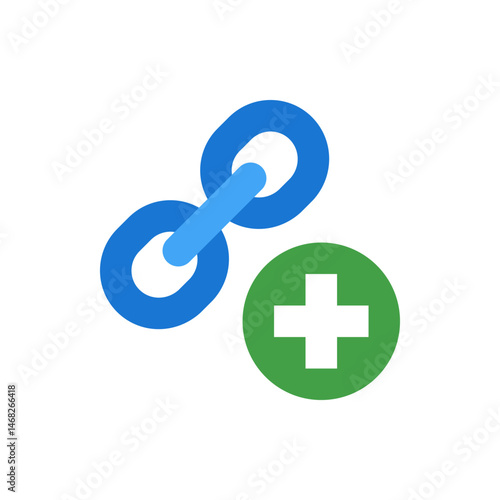 Blue chain link icon with a light blue connector and a green circle with a white plus sign icon on it