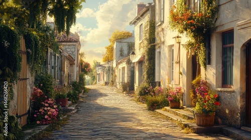 Fototapeta Naklejka Na Ścianę i Meble -  Charming European Village Street at Sunset; Ideal for Background or Travel Poster