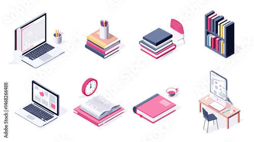 Online education isometric set simple vector on white background  -  