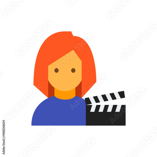 Illustration of a woman with orange hair holding a clapperboard used in film production and filmmaking