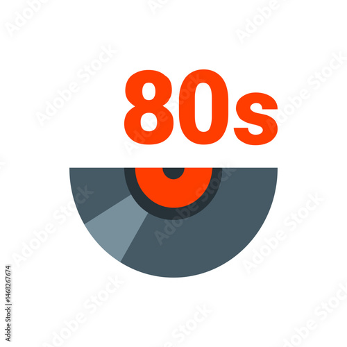 Illustration of the eighties era with a vinyl record and the text eighties in orange color on a white background