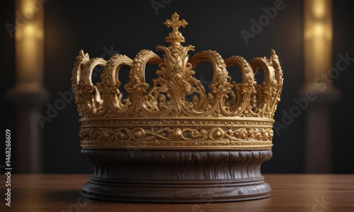 Ornate crown of gold, atop a finely carved, dark wood pedestal ,  kingdom,  display,  luxury