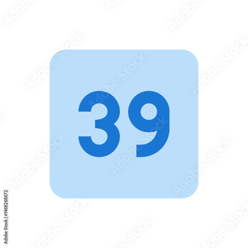 Illustration of the number thirty nine in blue on a rounded light blue square background design element