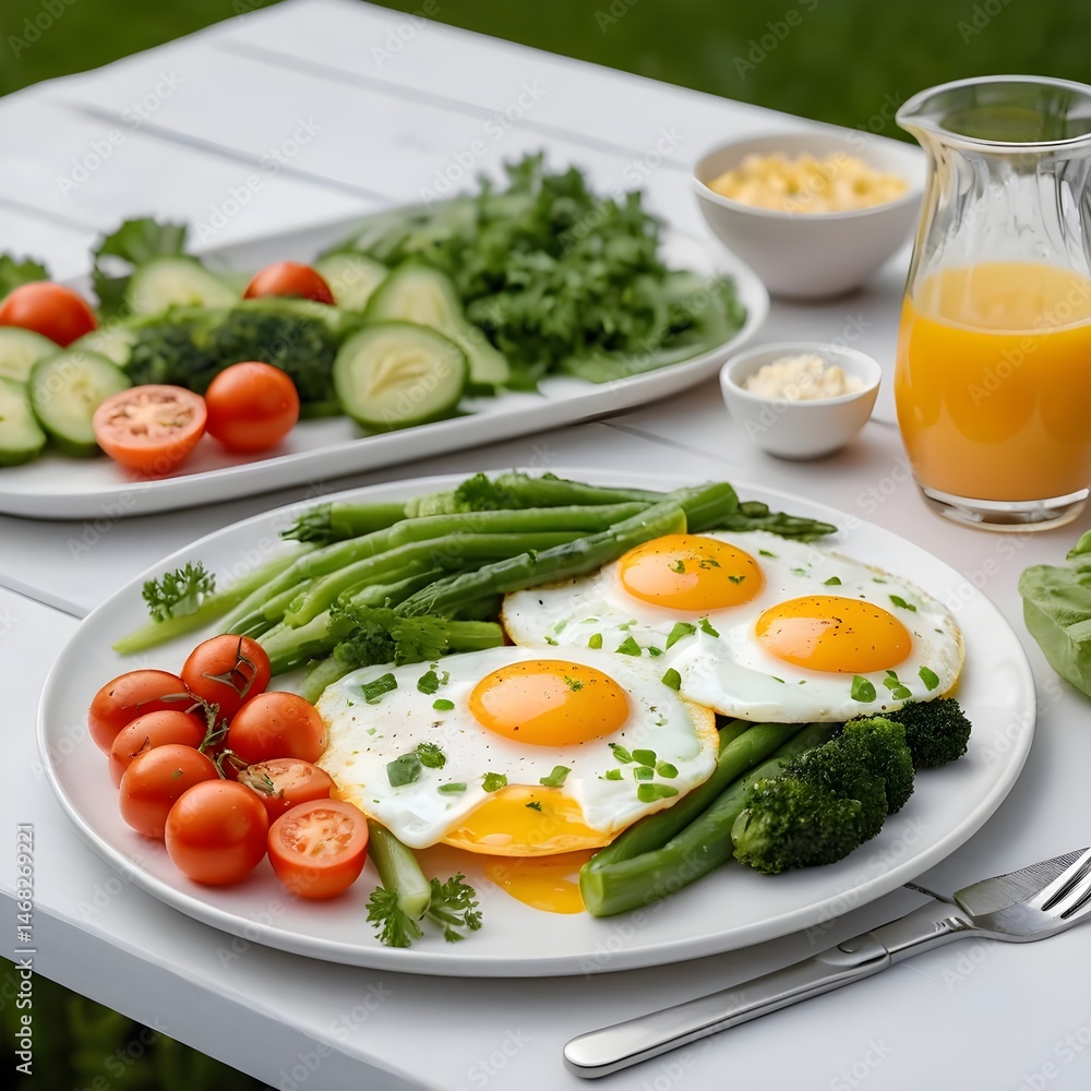 Healthy Breakfast with Fried Eggs, Vegetables, and Orange Juice Healthy Breakfast with Fried Eggs, Vegetables, and Orange Juice