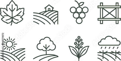 Agriculture and farming outline icons set – linear, line, harvest and rural design elements.