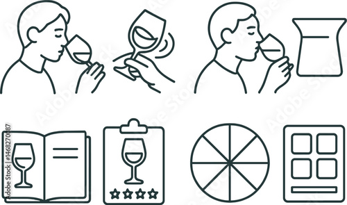 Wine tasting outline icons set – linear, silhouette, sommelier and vineyard symbols