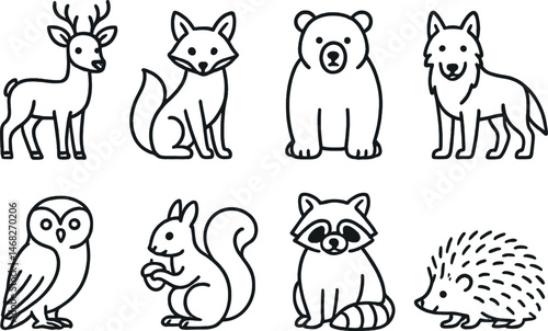 Woodland animals outline icons set – nature, wildlife, forest creatures