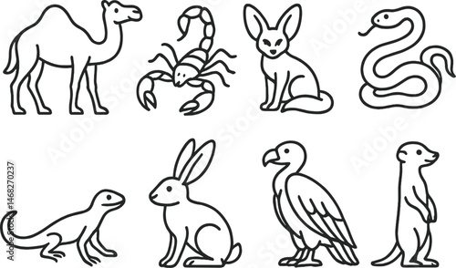 Desert animal outline icons set – linear, silhouette, wildlife and nature symbols