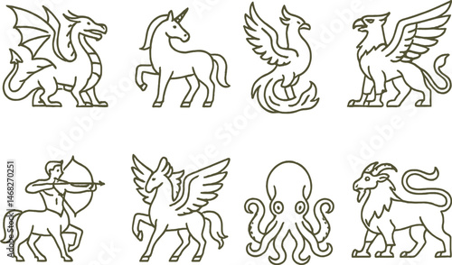 Mythical creatures icons set – outline, linear, fantasy and legend symbols