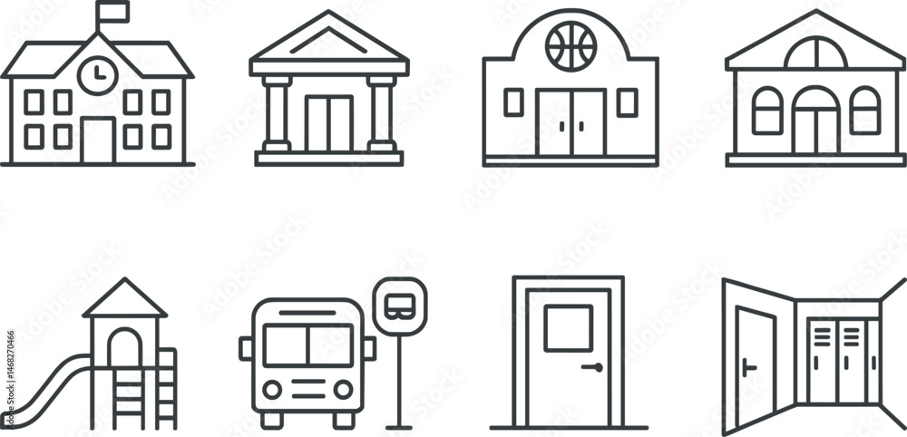 Education and school outline icons set – line, linear, academic and classroom symbols Education and school outline icons set – line, linear, academic and classroom symbols