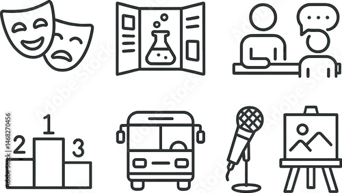 Entertainment and education outline icons set – line, linear, learning and art symbols