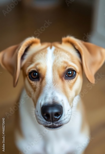 brown and white dog looking up at the camera