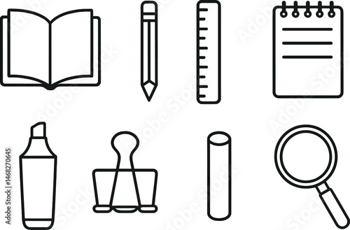 Office and stationery line icons set – outline, linear, workspace essentials collection