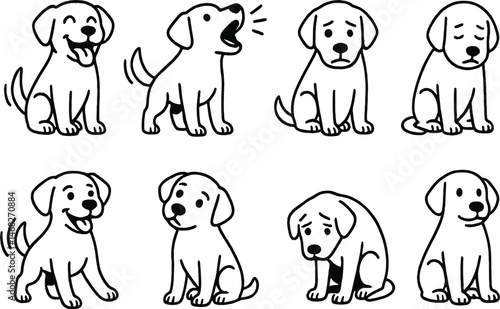 Dog emotions outline icons set – linear, pet, canine expressions and feelings symbols