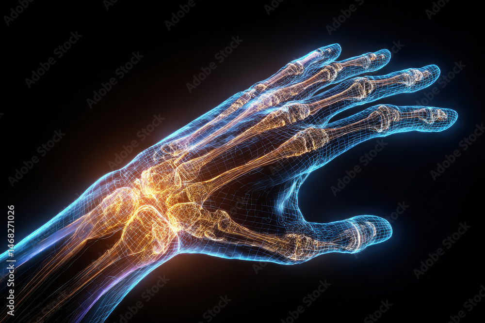 This digital illustration showcases a 3D model of a human hand, highlighting the intricate skeletal structure with glowing blue and orange lines against a dark background.