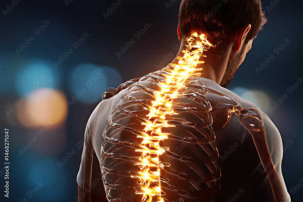 A striking image showcasing a human spine illuminated with vibrant light, emphasizing the beauty and complexity of human anatomy.