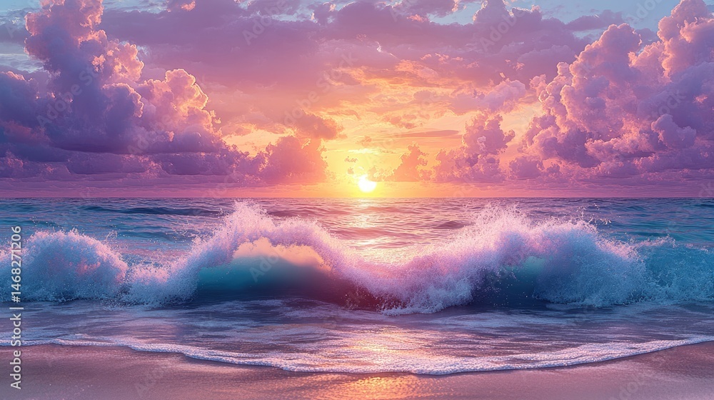Fototapeta premium Stunning sunset over a beach with vibrant waves.