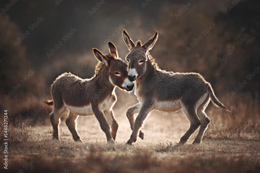 Two playful young donkeys share a tender moment in the warm glow of sunset, capturing the essence of innocence and friendship in nature's beautiful embrace.