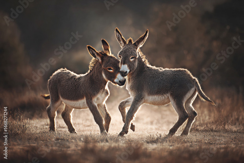 Obraz na płótnie Two playful young donkeys share a tender moment in the warm glow of sunset, capturing the essence of innocence and friendship in nature's beautiful embrace. w salonie