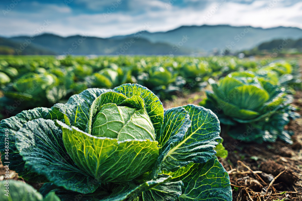 A close-up of vibrant green cabbage nestled in a sprawling field, showcasing the beauty of agricultural landscapes against a backdrop of lush mountains and a serene sky.