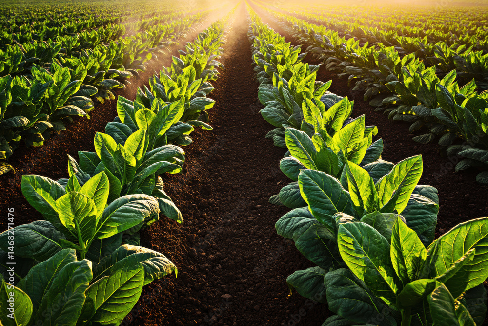 Vibrant rows of tobacco plants bask in the warm glow of the morning sun, showcasing their rich green leaves against the freshly tilled soil.