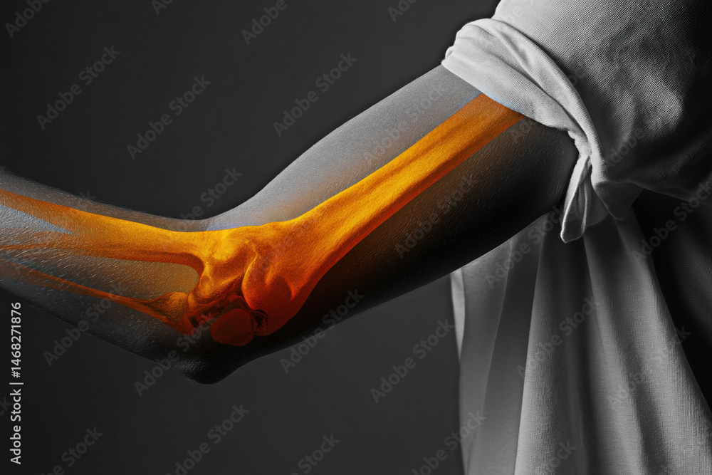 This striking image showcases a translucent arm revealing vibrant orange bone structures, highlighting the intricate anatomy beneath the skin surface while blending art and medical science.