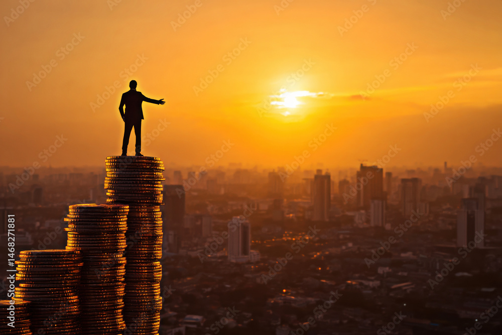 A businessman stands triumphantly atop a stack of coins against a stunning sunset, symbolizing ambition, wealth, and the pursuit of success in a global landscape.