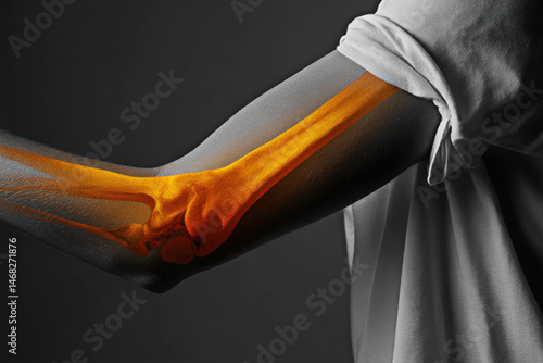Obraz na płótnie This striking image showcases a translucent arm revealing vibrant orange bone structures, highlighting the intricate anatomy beneath the skin surface while blending art and medical science. w salonie